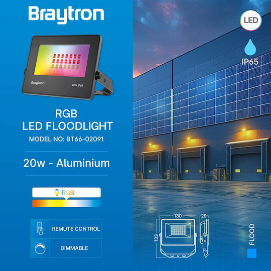 Braytron Waterproof LED Floodlight 20W RGB with Remote Control IP65