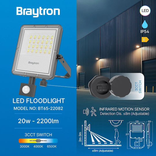 Braytron Στεγανός Προβολέας LED 20W IP65