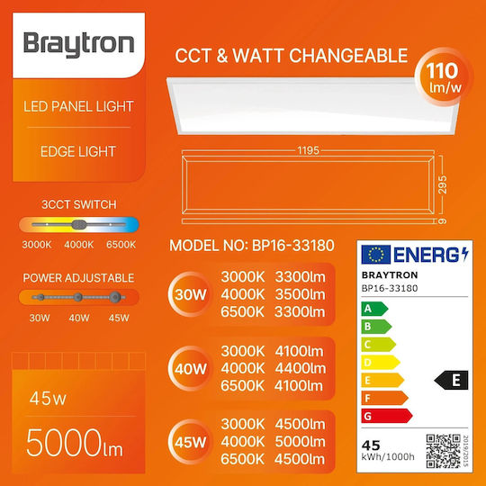 Braytron Panou LED Încastrat Rectangular 40W 119,5x29,5cm
