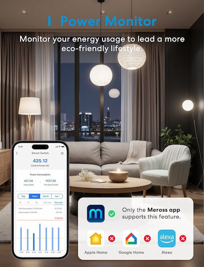 Meross Интелигентен Превключвател Wi-Fi 10A С Неутрален
