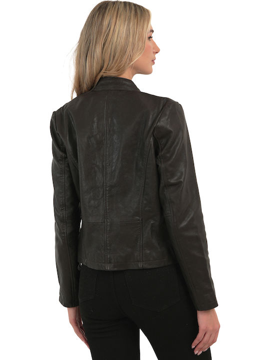 Leather Women's Jacket for Winter Dark Brown