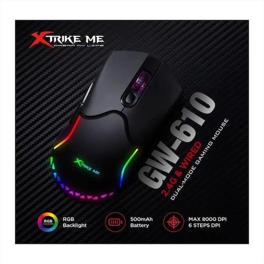 Xtrike Me GW-610 Безжична RGB Геймърска Мишка 8000 DPI Черен
