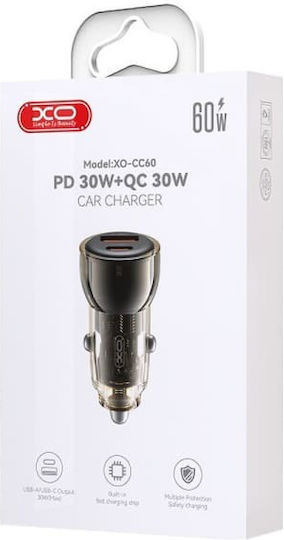Xo Cc60 Φορτιστης Αυτοκινητου 60w 1 Θυρα Type-c + 1 Θυρα Usb Διαφανος Μαυρο