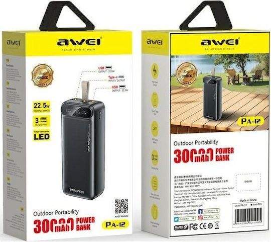 Awei PA-12 Power Bank 30000mAh 22.5W mit 2 USB-A Ausgangsanschlüsse und USB-C Ausgangsanschluss Schnellladung Schwarz