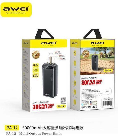 Awei PA-12 Power Bank 30000mAh 22.5W mit 2 USB-A Ausgangsanschlüsse und USB-C Ausgangsanschluss Schnellladung Schwarz