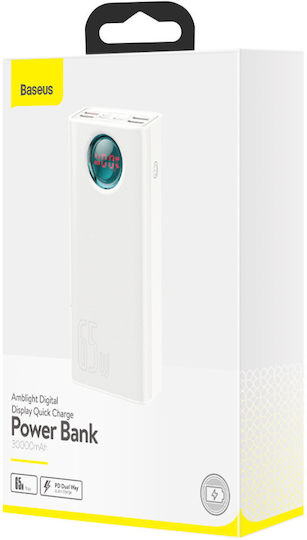 Baseus Amblight Overseas Edition Baterie Externă 30000mAh 65W cu 4 Porturi USB-A și Port USB-C Power Delivery / Încărcare Rapidă Albă