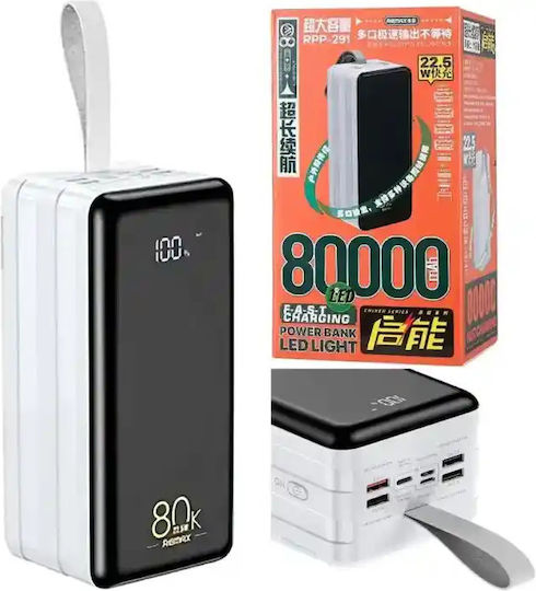 Remax RPP-291 Power Bank 80000mAh 22.5W mit 2 USB-A Anschlüssen und USB-C Anschluss Stromlieferung Weiß