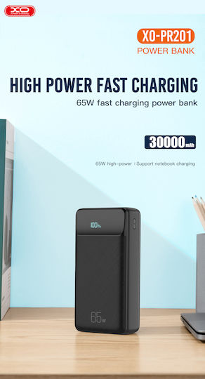 XO PR201 Външна батерия 30000mAh 65W с 2 USB-A изходни порта и USB-C изходен порт Power Delivery / Quick Charge Черна