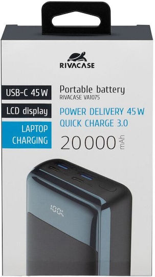 Rivacase VA1075 Външна Батерия 20000mAh 45W с 2 USB-A Изходни Порта и 2 USB-C Изходни Порта Бързо Зареждане Черна