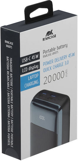 Rivacase VA1075 Външна Батерия 20000mAh 45W с 2 USB-A Изходни Порта и 2 USB-C Изходни Порта Бързо Зареждане Черна