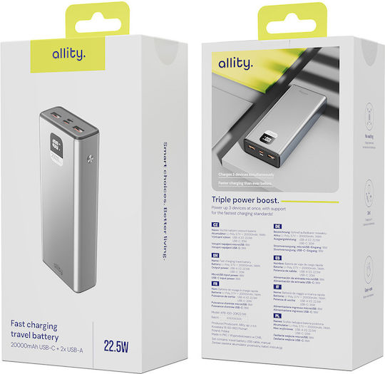 Allity APB-100 Power Bank 20000mAh 22.5W with 2 USB-A Output Ports and 2 USB-C Output Ports Grey