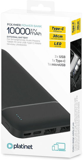 Platinet PMPB10W705B Power Bank 10000mAh με 2 Θύρες USB-A και Θύρα USB-C Μαύρο