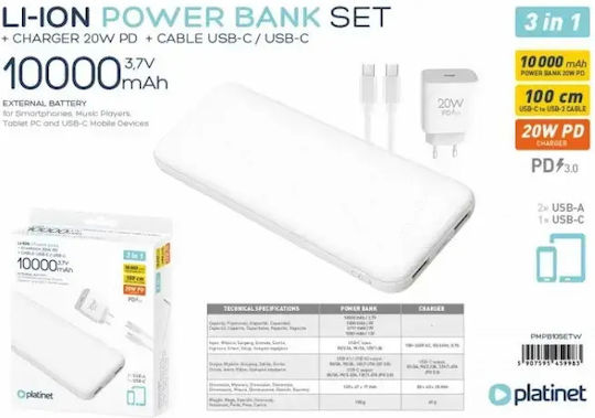 Platinet PMPB10DL104W Power Bank 10000mAh 20W με Θύρα USB-A και Θύρα USB-C Power Delivery / Quick Charge Λευκό