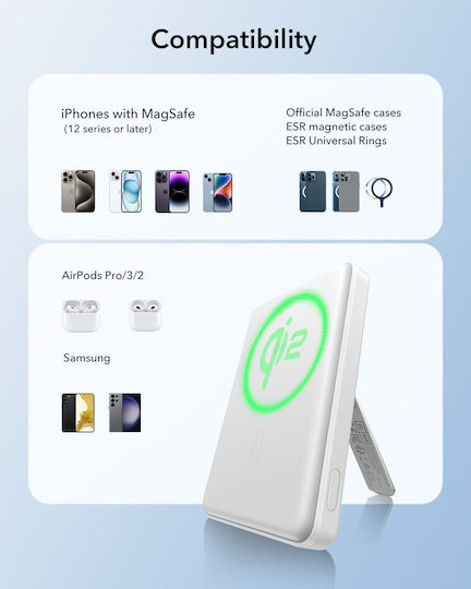 ESR Qi2 MagSlim Kickstand MagSafe Qi2 Power Bank 5000mAh 15W White