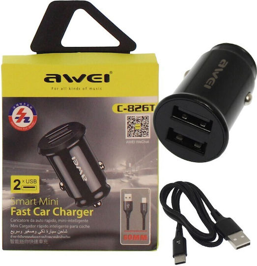 Awei Car Charger 12W 2.4A Fast Charging with Ports 2xUSB-A with Type-C Cable Black Colour