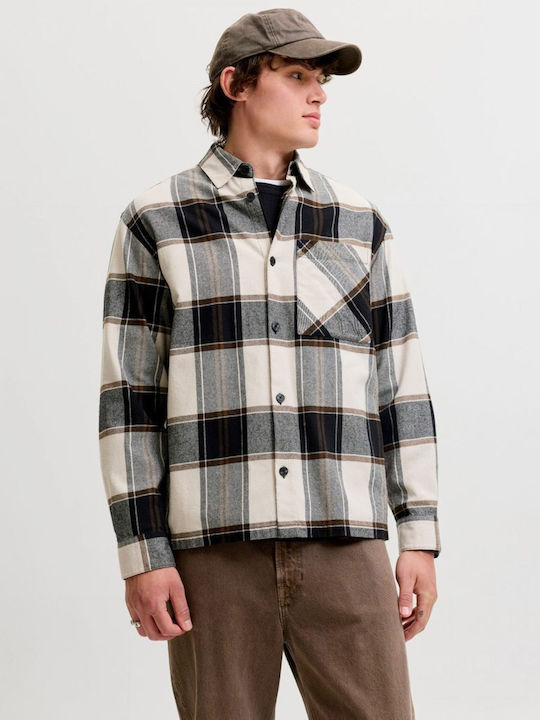 Jack & Jones Long Sleeve Overshirt in Wide Fit Checked Cloud Dancer