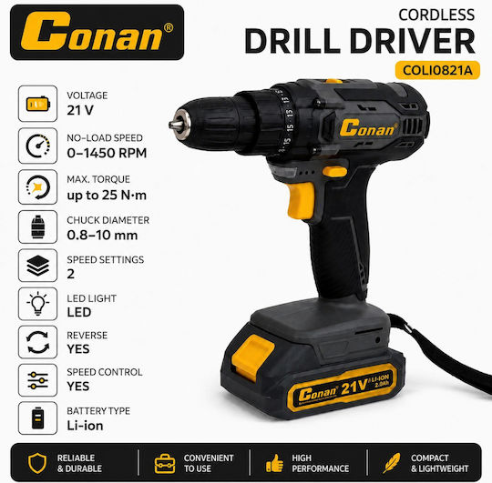 Conan Coli0821a Percussive Battery Drill Driver 21V 2x2Ah