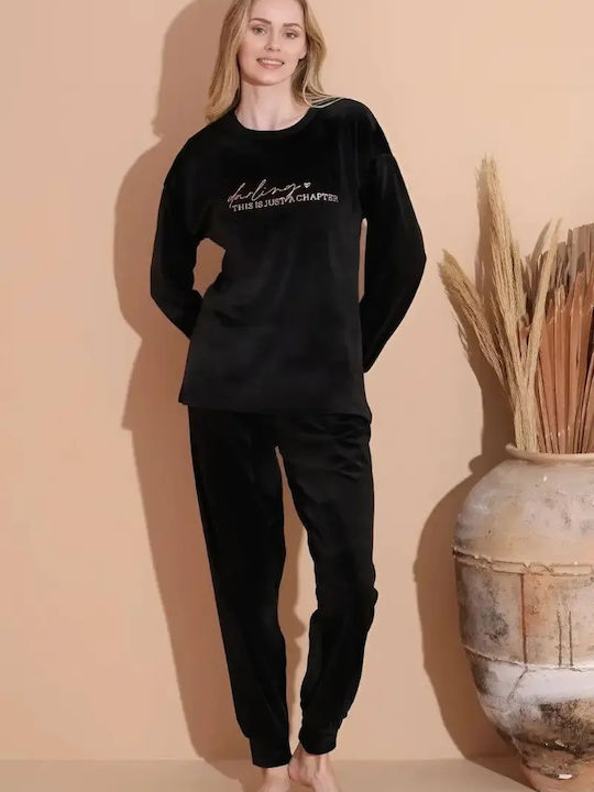 Boyraz Boyraz Damen Schlafanzug Set Winter Schwarz