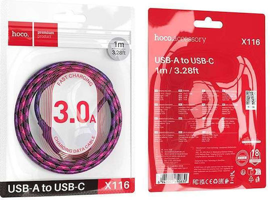 Hoco Χ116 Braided USB 2.0 Cablu USB-C bărbătesc - USB-C Violet 1m