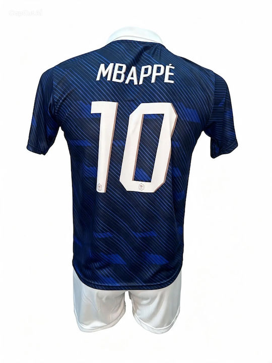 Kids Football Kit Mbappe France National Team Collar Blue White Shorts 170826-03