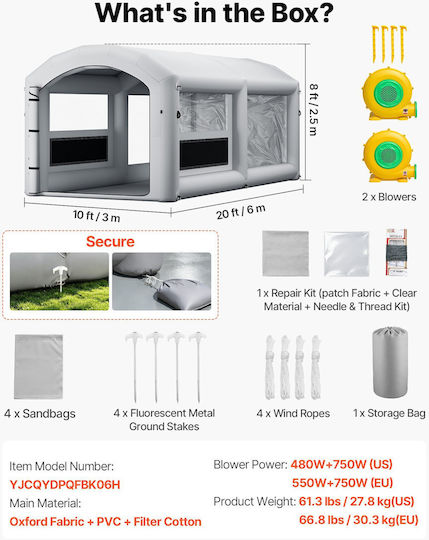 Vevor Надуваема Кабина за Боядисване 6 X 3 X 2,5 M Вентилатори 550w+750w Cqspqfwgjf209u0zr001v2