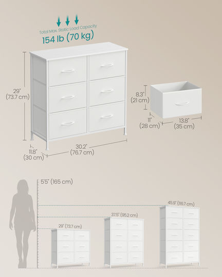 Chest of Drawers for Bedroom in Wood & Metal with 6 Drawers White with Fabric Covering 76.7x30x74.7cm