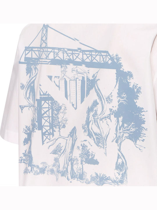 Short Sleeve Cotton Shirt White- Light Blue