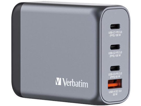 Verbatim Φορτιστής Χωρίς Καλώδιο GaN με Θύρα USB-A και 3 Θύρες USB-C 100W Γκρι (GNC-100)
