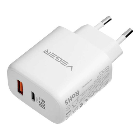 Veger Φορτιστής με Θύρα USB-A και Θύρα USB-C και Καλώδιο USB-C - USB-C 65W Power Delivery / Quick Charge 3.0 Λευκός (TR67)
