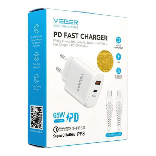 Veger Φορτιστής με Θύρα USB-A και Θύρα USB-C και Καλώδιο USB-C - USB-C 65W Power Delivery / Quick Charge 3.0 Λευκός (TR67)