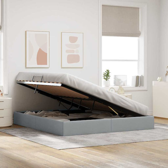 Suport Pat King Size Tapițat cu Material Gri Deschis cu Spațiu de Stocare și Plăci pentru Saltea 193x203cm