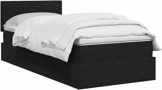 Pat Montat Pe Perete Single Tapițat Cu Material Negru Cu Plăci Și Saltea 100x200cm