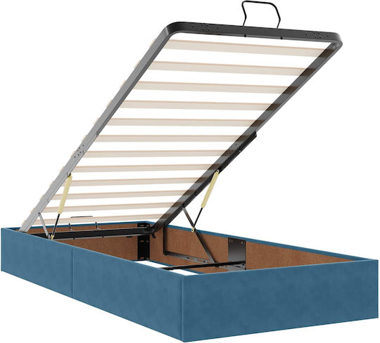 Single Bed Upholstered with Velvet Dark Blue with Slats and Mattress 90x200cm