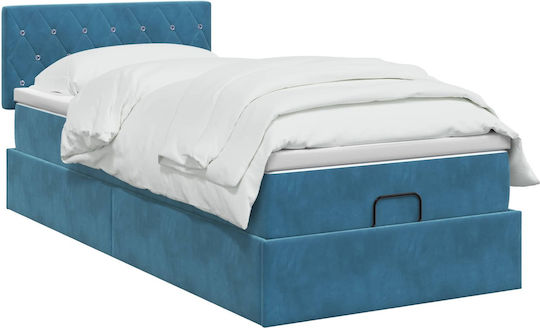 Single Bed Upholstered with Velvet Dark Blue with Slats and Mattress 90x200cm