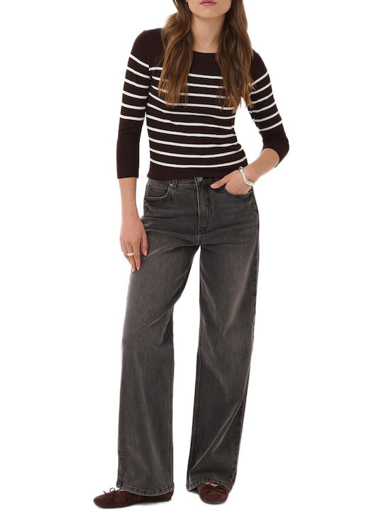Kaffe Women's Blouse with 3/4 Sleeve Striped Brown Striped