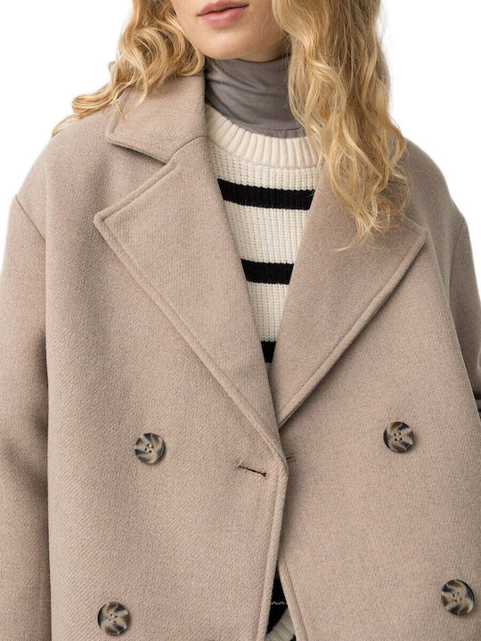 Women's Beige Half Coat with Buttons
