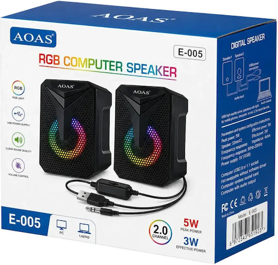 Aoas AOAS E-005 Компютърни тонколони 2.0 с RGB осветление и мощност 6W в Черен цвят