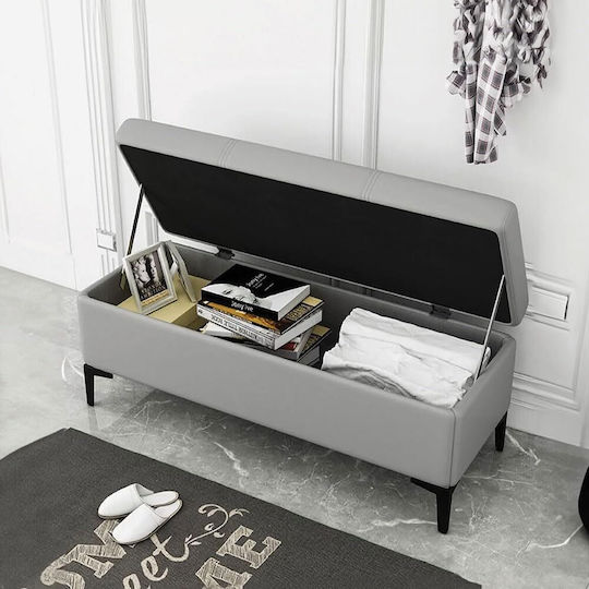 Living Room Stool With Storage Space Upholstered In Light Grey Artificial Leather 80x40x43cm