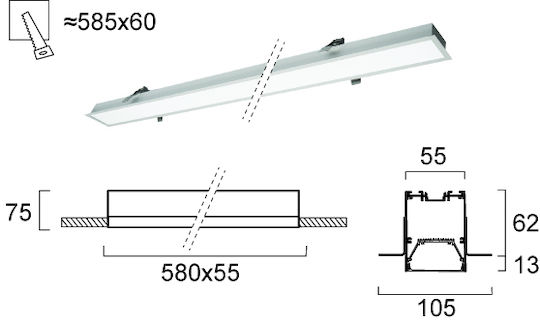 Viokef Commercial Linear Recessed LED Ceiling Light 15W Warm White 58cm