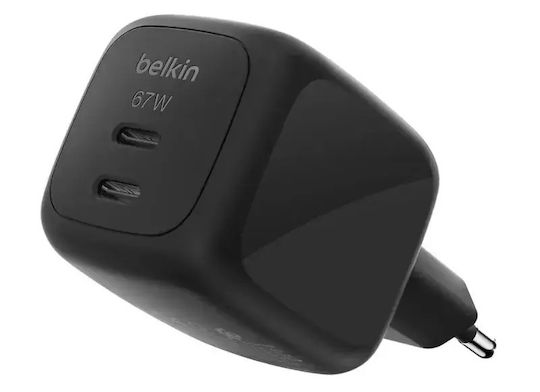 Belkin Φορτιστής Χωρίς Καλώδιο GaN με 2 Θύρες USB-C και Καλώδιο USB-C 67W Power Delivery Μαύρος (WCH020KQBK)