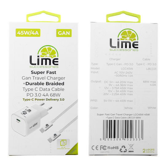 Lime GaN Charger with USB-C Port and USB-C to USB-C Cable 45W Power Delivery Quick Charge 3.0 White Super Fast