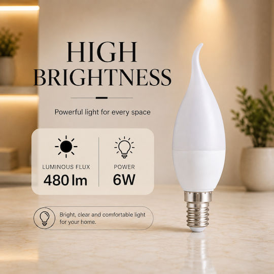 Lightplanet Bec LED 6W Pentru Bază De Bec E14 și Formă BT37 Alb Rece E146W6500KBT37MatFlacără