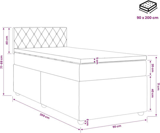Einzelbett Mit Samt Dunkelblau Mit Lattenrost & Matratze 90x200cm