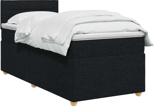 Pat Single Tapițat cu Material Negru cu Plăci și Saltea 90x190cm
