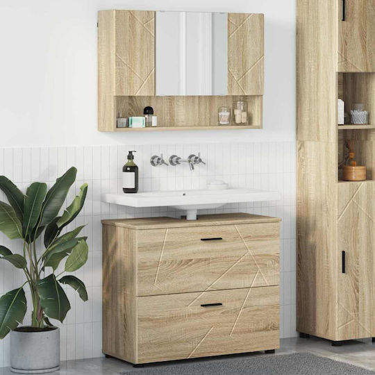 vidaXL Шкаф със Мивка, Огледало & Колона със светлина Д76.5xШ35xВ64см Sonoma Oak