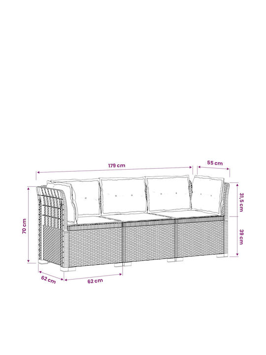 vidaXL Dreisitzer Gartenrattan Sofa mit Kissen