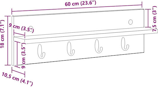 vidaXL Wooden Wall Hanger Brown 60x18x10.5cm 1pc