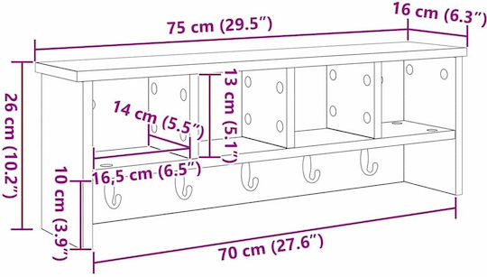 vidaXL Κρεμάστρα Τοίχου Ξύλινη Καφέ 75x26x16cm