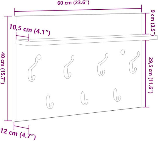vidaXL Κρεμάστρα Τοίχου Ξύλινη Γκρι 60x12x40cm