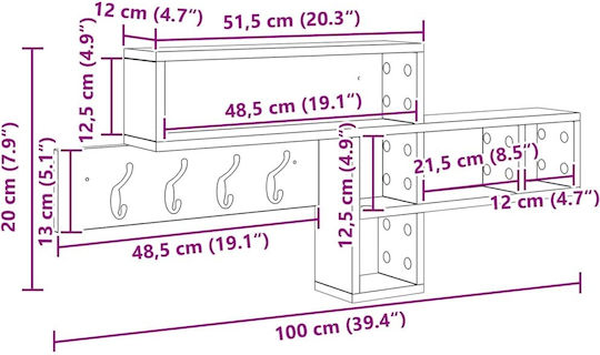vidaXL Wooden Wall Hanger Brown 100x43.5cm 1pc